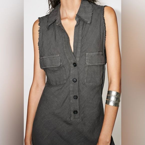 New ZARA LINEN SHIRTDRESS size XS S long Midi 100% linen Sleeveless V-neck dress - Picture 8 of 16